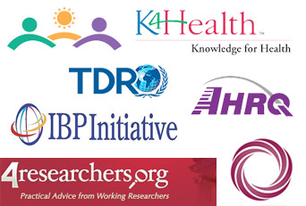 different logos grouped into one frame - AHRQ, TDR, IBP Initiative, 4researchers.org, K4Health